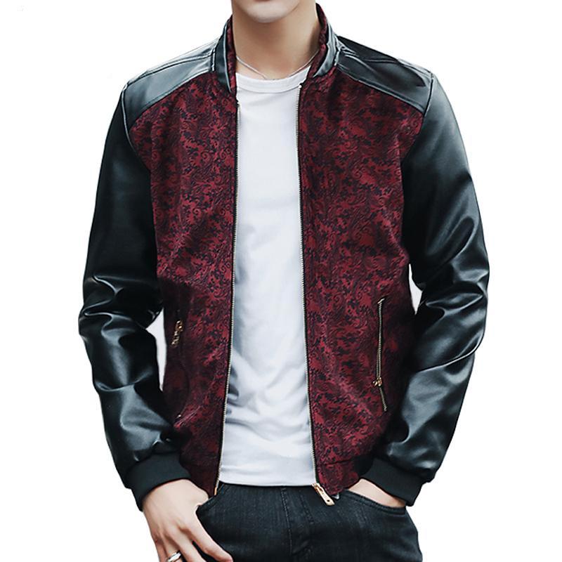 Contrast Paisley Pattern Combination Style PU Leather Sleeves Men Slim Fit Jacket - FanFreakz