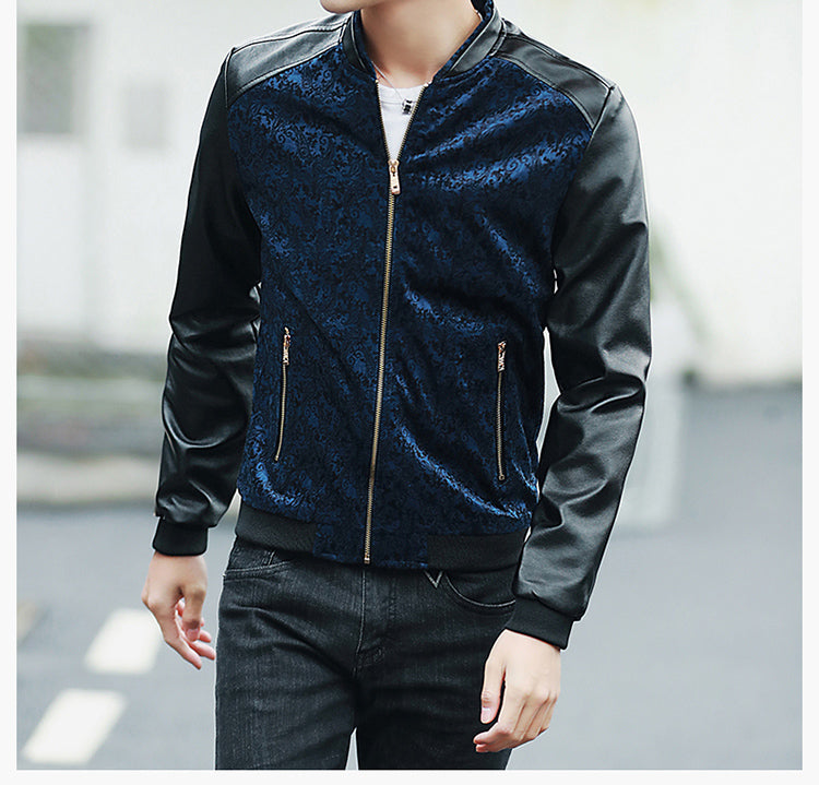 Contrast Paisley Pattern Combination Style PU Leather Sleeves Men Slim Fit Jacket - FanFreakz