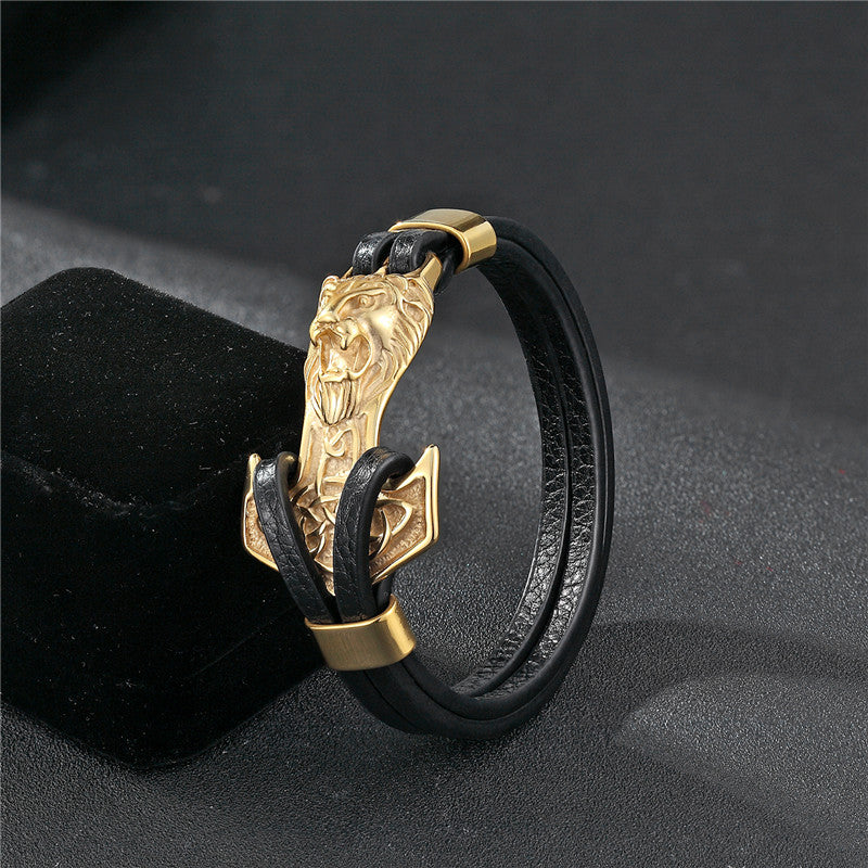 Gold Leo Stainless Steel Anchor Black Leather Men Bracelets - FanFreakz