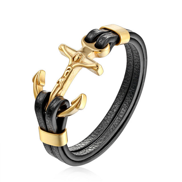 Gold Leo Stainless Steel Anchor Black Leather Men Bracelets - FanFreakz