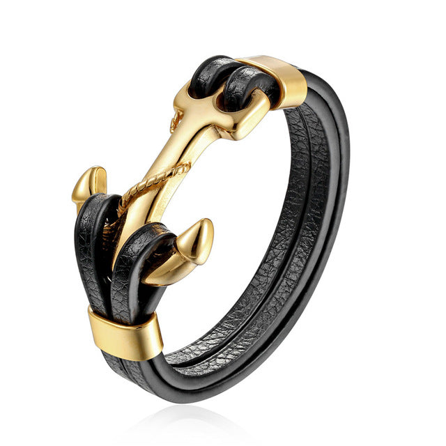 Gold Leo Stainless Steel Anchor Black Leather Men Bracelets - FanFreakz