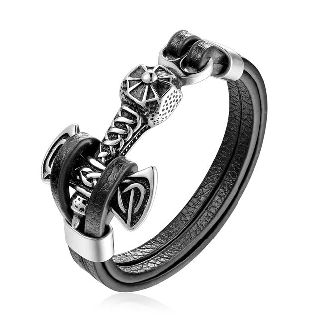 Gold Leo Stainless Steel Anchor Black Leather Men Bracelets - FanFreakz