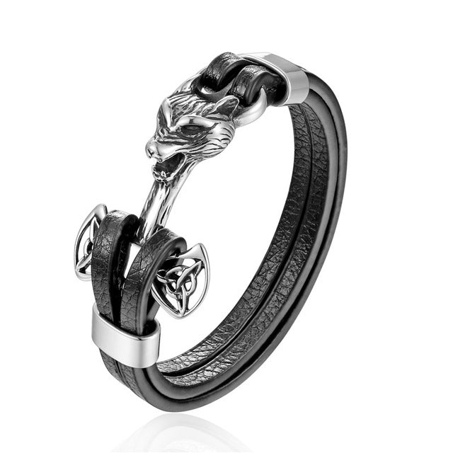 Gold Leo Stainless Steel Anchor Black Leather Men Bracelets - FanFreakz