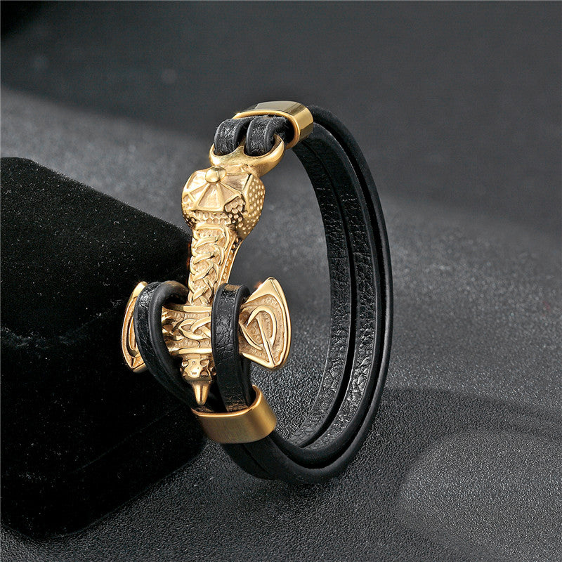 Gold Leo Stainless Steel Anchor Black Leather Men Bracelets - FanFreakz