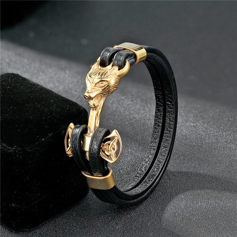 Gold Leo Stainless Steel Anchor Black Leather Men Bracelets - FanFreakz