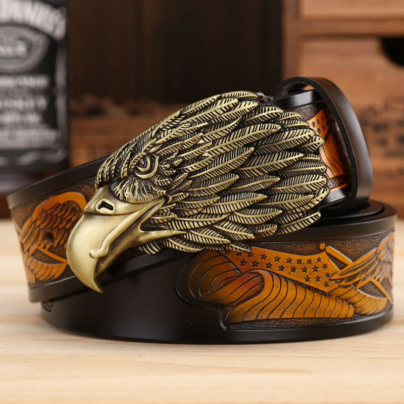 Men Leather Belt With Head of Eagle Buckle - FanFreakz