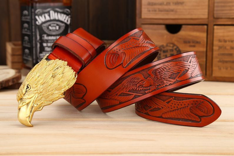 Men Leather Belt With Head of Eagle Buckle - FanFreakz