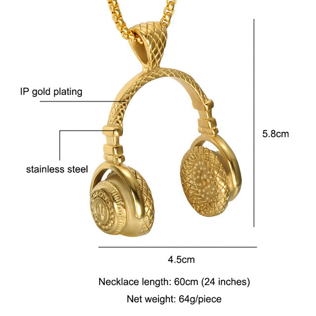 Punk Gold Color Titanium Stainless Steel Headphones Pendants Men Necklace - FanFreakz