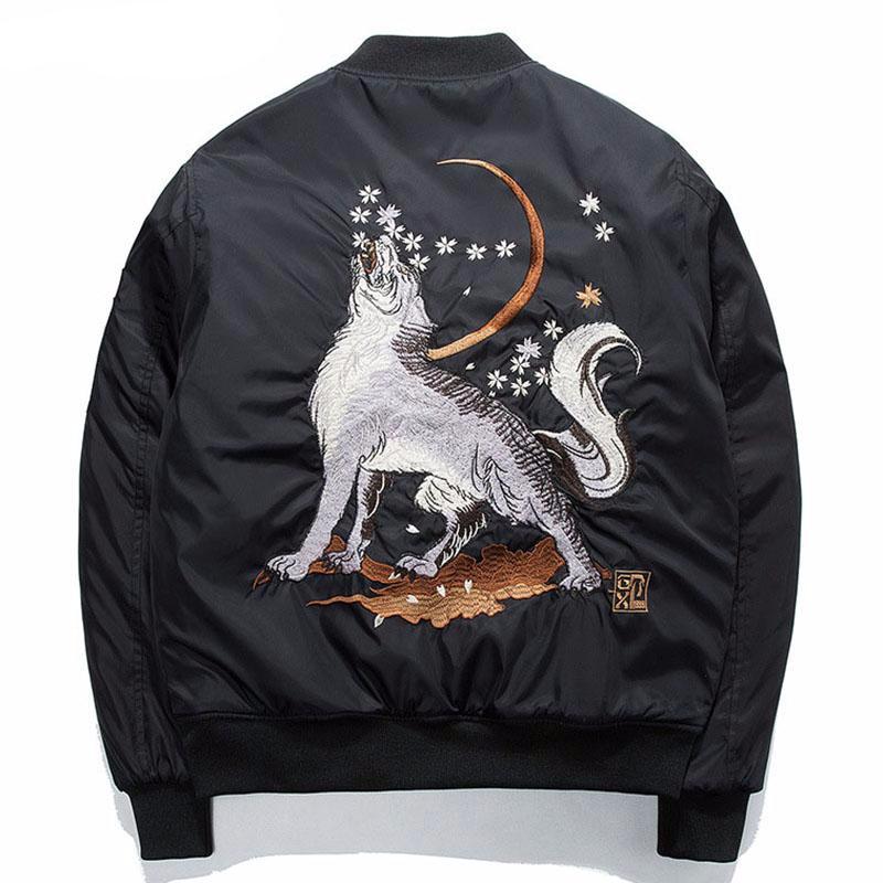 Wolf Embroidery Thick Men Bomber Jacket - FanFreakz