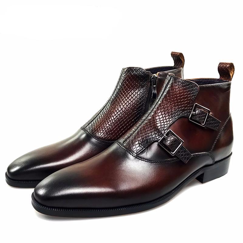 Double Monk Strap Men High Top Boots with Lizard Pattern Closure - FanFreakz