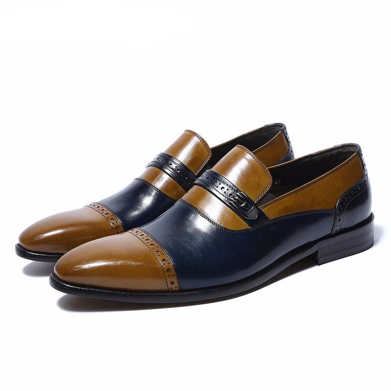 Blue Brown Men Loafers Formal Shoes With Perforated Detail - FanFreakz