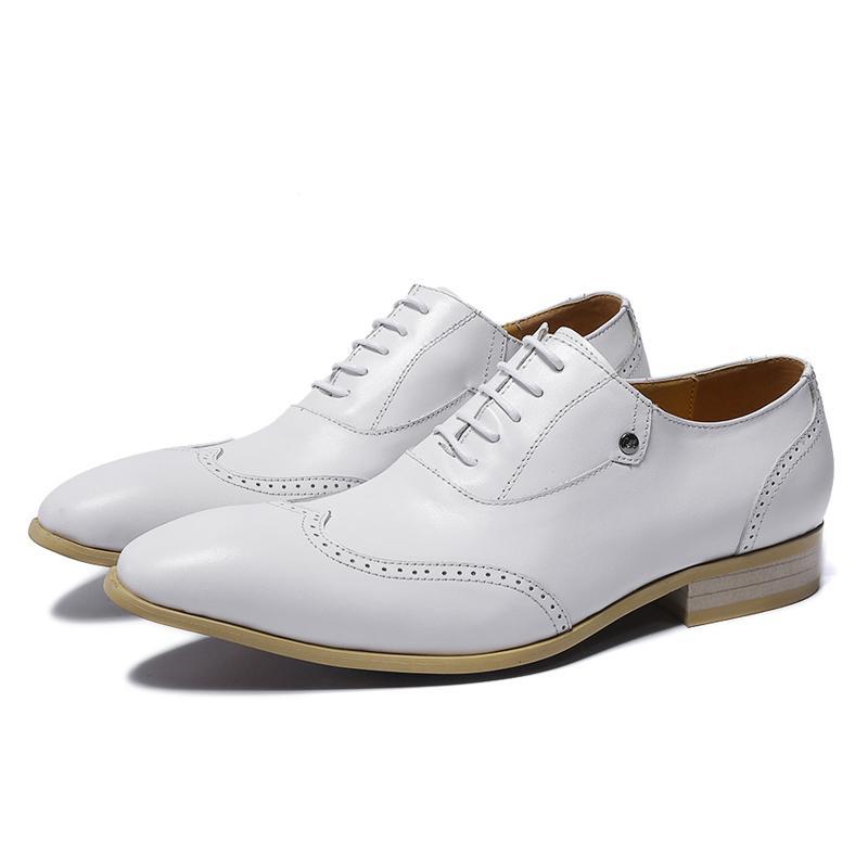 Perforated Wingtip Detail White Lace Up Men Shoes - FanFreakz