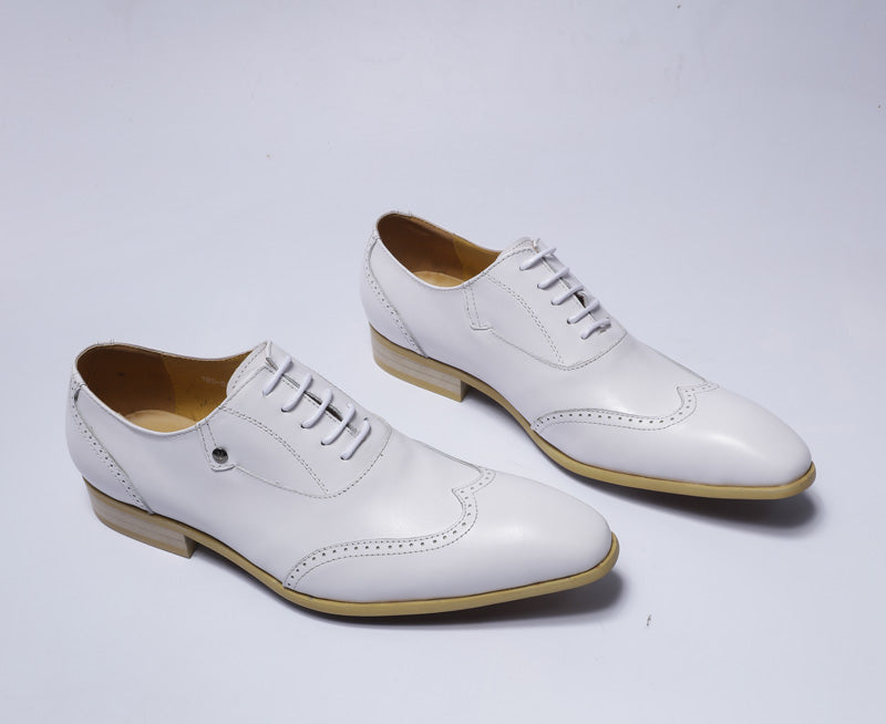 Perforated Wingtip Detail White Lace Up Men Shoes - FanFreakz