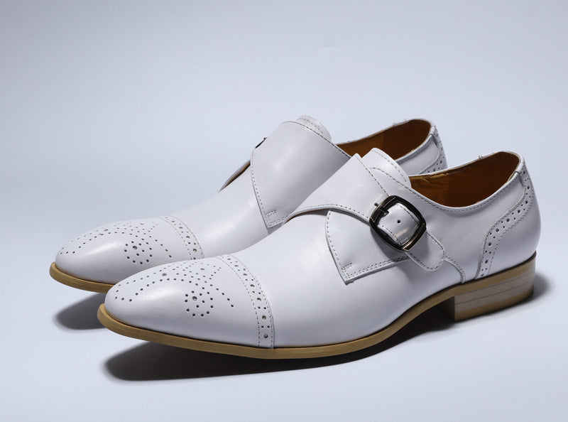 Single Monk Strap White Men Formal Shoe with Perforated Details on The Toe - FanFreakz