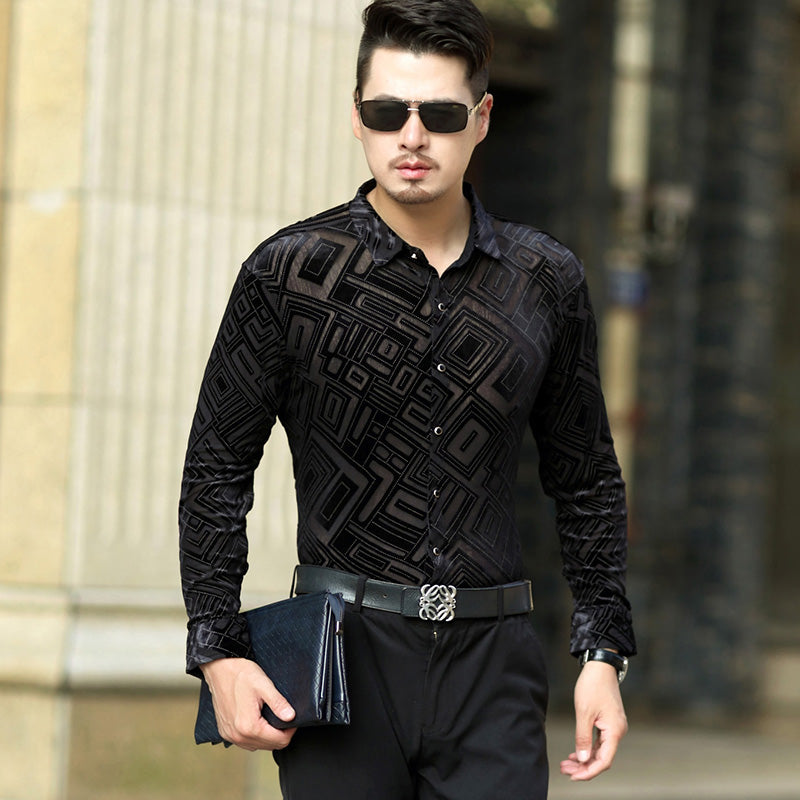 Geometric Pattern Velvet Slim Fit Men Long Sleeves Shirt - FanFreakz