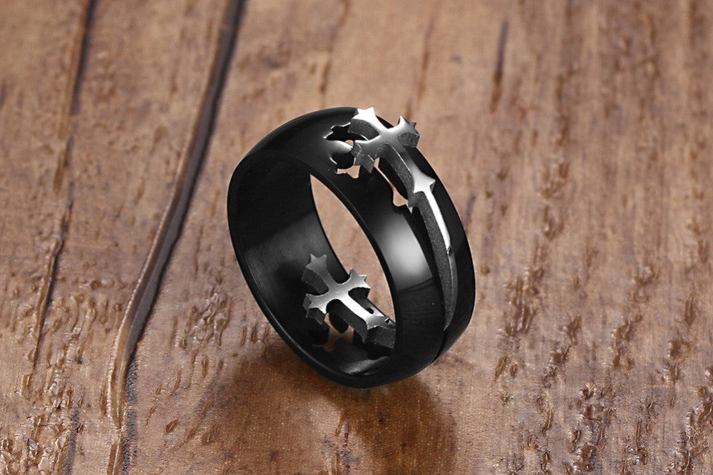 Separable Cross Ring for Men Woman Black Color Stainless Steel - FanFreakz