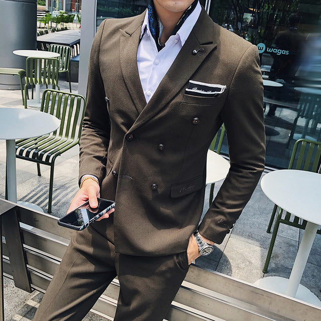 Luxury Italian Style  Men Double Breasted Slim Fit Suit Set