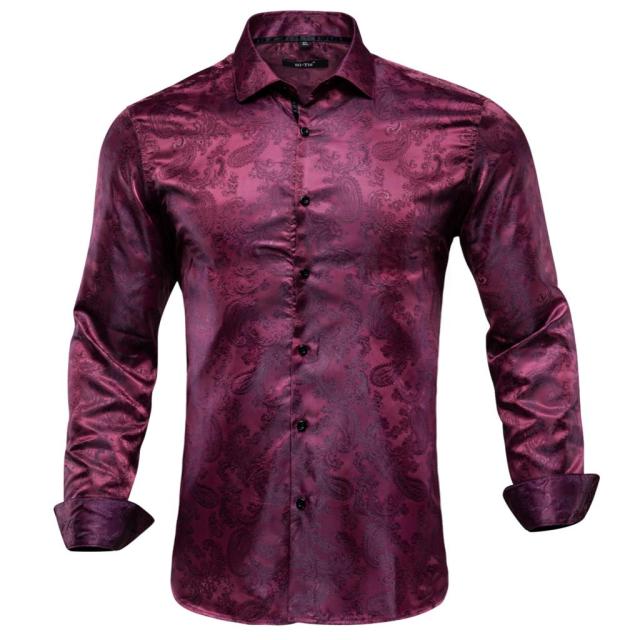 Vertical Paisley Decorated Shiny Silk Shirt