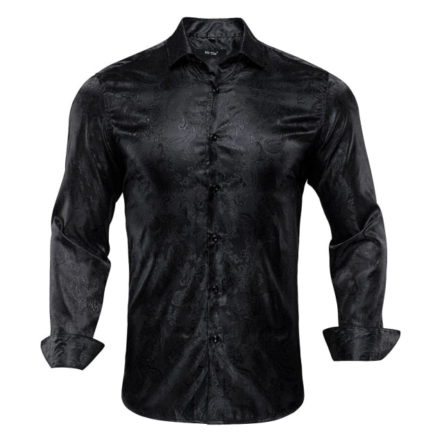 Vertical Paisley Decorated Shiny Silk Shirt
