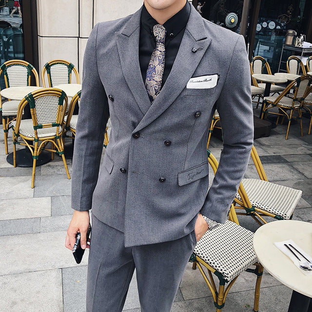 Luxury Italian Style  Men Double Breasted Slim Fit Suit Set