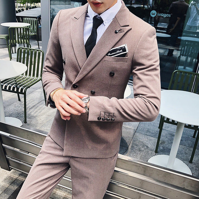 Luxury Italian Style  Men Double Breasted Slim Fit Suit Set