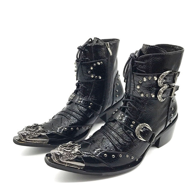 Punk Style Men High Top Boots with Iron Pointed Toe Lace Up Cowboy