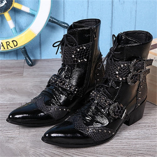 Punk Style Men High Top Boots with Iron Pointed Toe Lace Up Cowboy