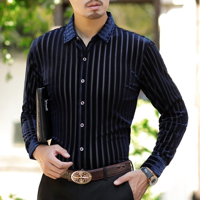 Elegant Stripe Men Business Style Velvet Slim Shirt - FanFreakz