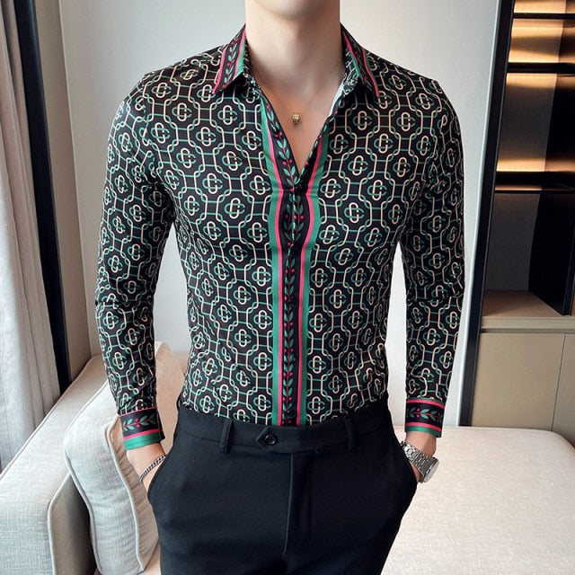 Interlocking Geometric Printed Korean Long Sleeves Shirt