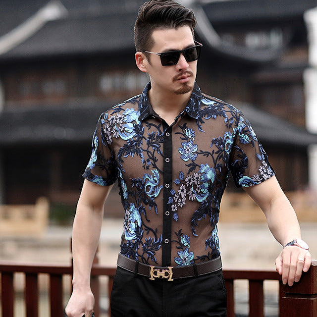 Embroidery Sexy Men Transparent Mesh Slim Fit Shirt - FanFreakz