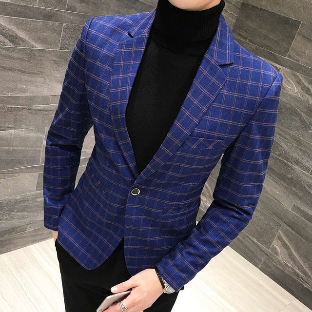 Elegant British Plaid Style Slim Fit Men Blazer - FanFreakz