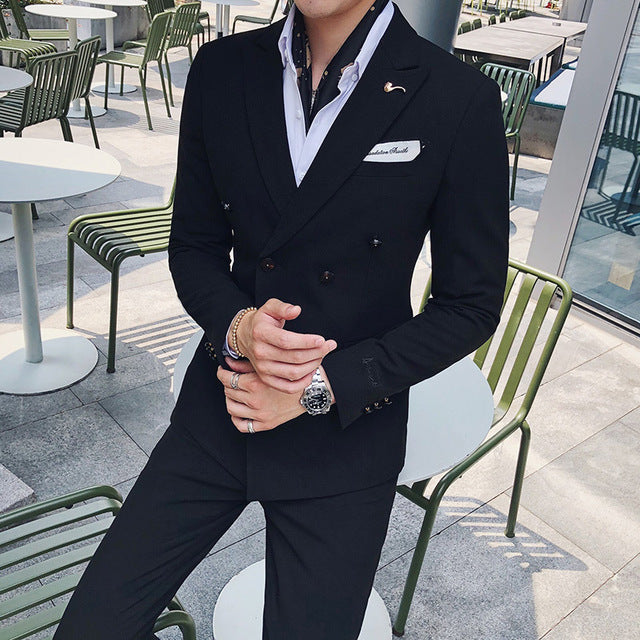 Luxury Italian Style  Men Double Breasted Slim Fit Suit Set