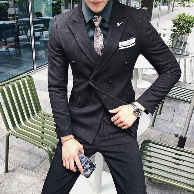 Luxury Italian Style  Men Double Breasted Slim Fit Suit Set
