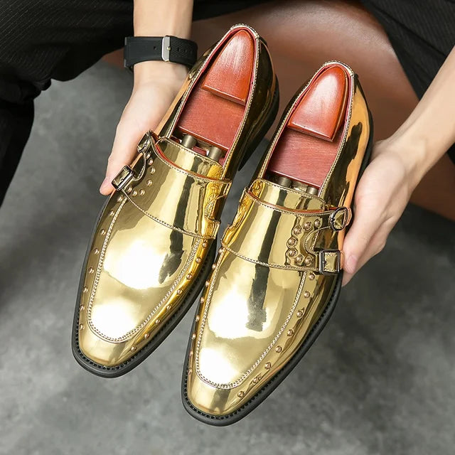 Shiny Color Rivet Leather Monk Shoes