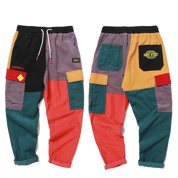 Brick Colour Block Patchwork Corduroy Streetwear Men Cargo Pants - FanFreakz