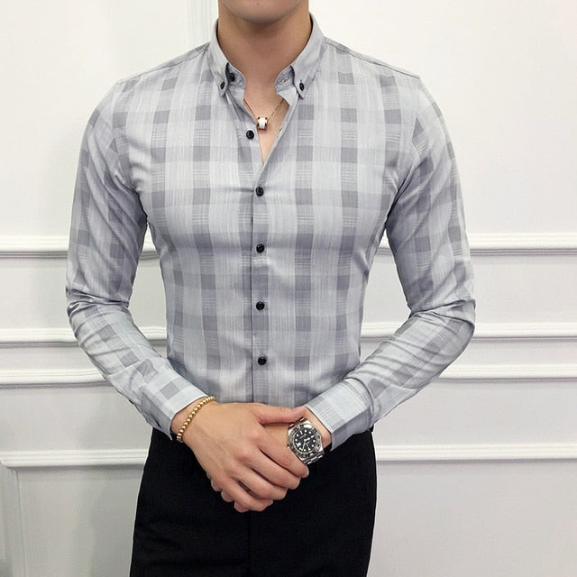 Simple Lattice Print Business Formal Style Men Long Sleeve Shirts