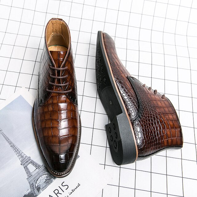 Vintage Crocodile Pattern Leather Boots
