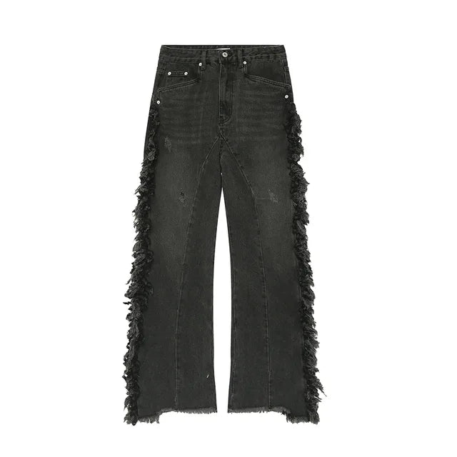 Black Ragged Edge Splicing Denim Jeans