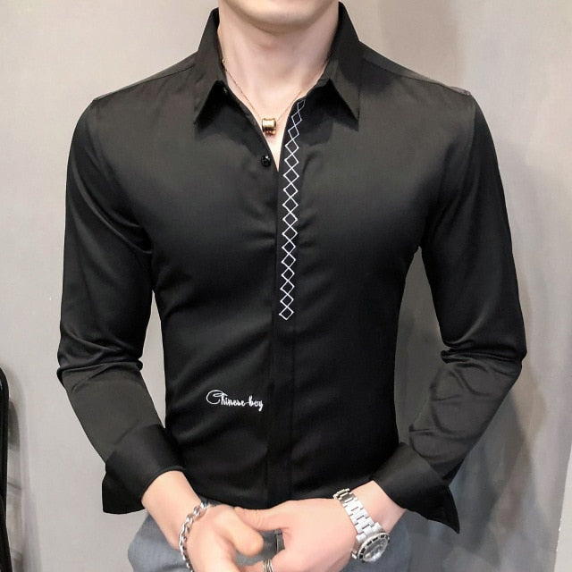 Diamond Line Decorated Solid Color Long Sleeve Shirt