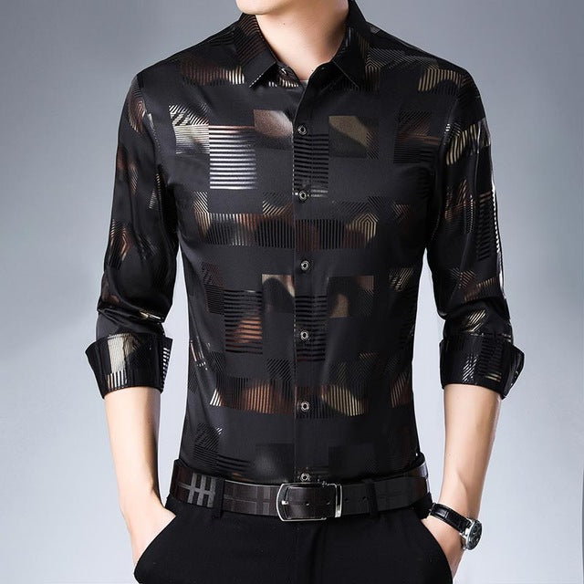 Plaid Stripe Shiny Men Semi Formal Slim Shirt