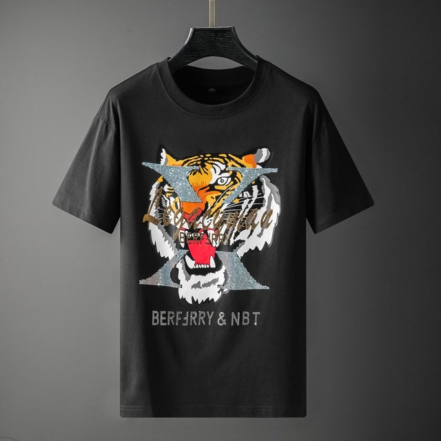 Tiger Printed Rhinestone Polyester Men's T-Shirt