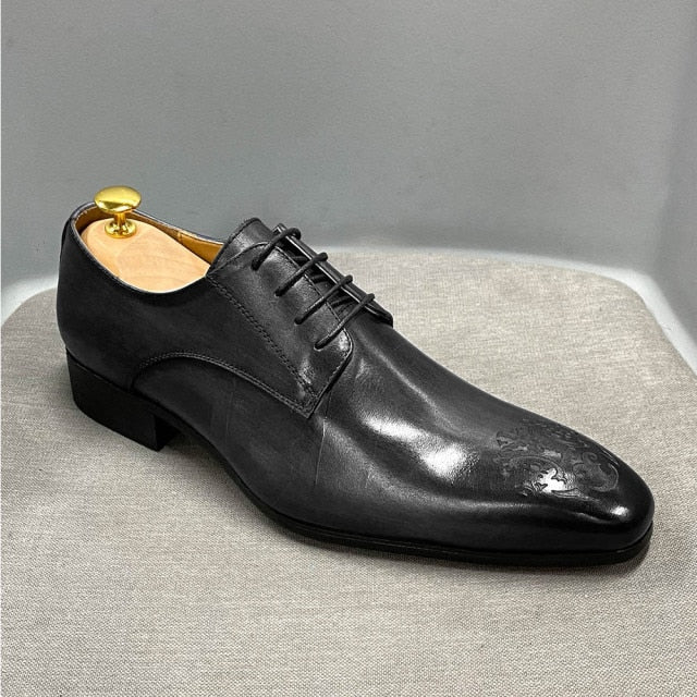 Geometric Carved Pointed Toe Leather Oxfords Shoes