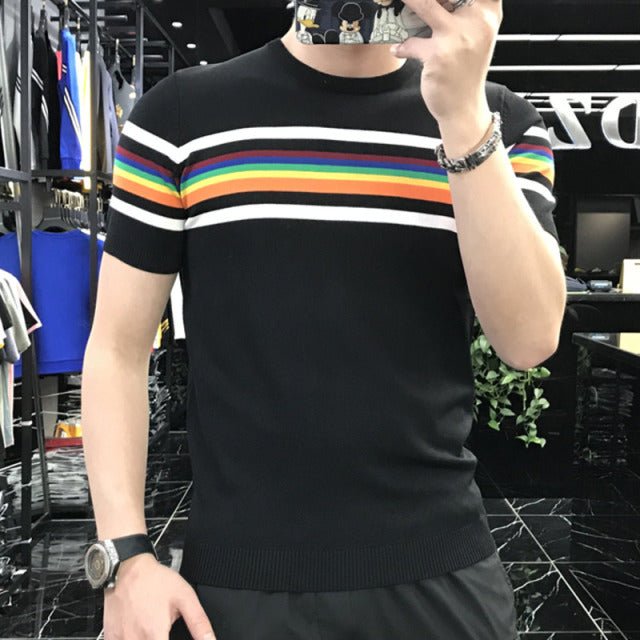 Colorful Stripe Printed Polyester T-Shirt