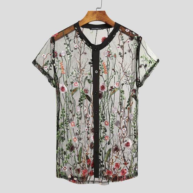 Floral Embroidery See-Through V-Neck Shirt