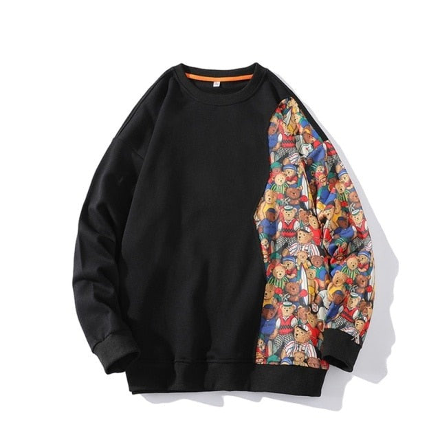 Cartoon Bear Patchwork Pullover Sweater