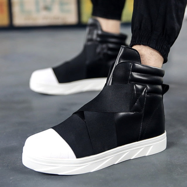 Cross Tied Flat Round Toe High Top Style Men Sneakers