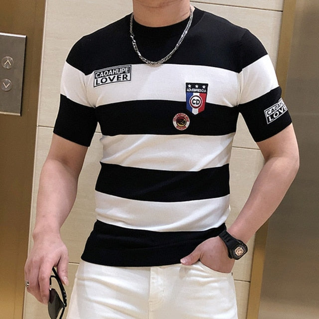 Stripe Embroidery Badge Polyester T-Shirt