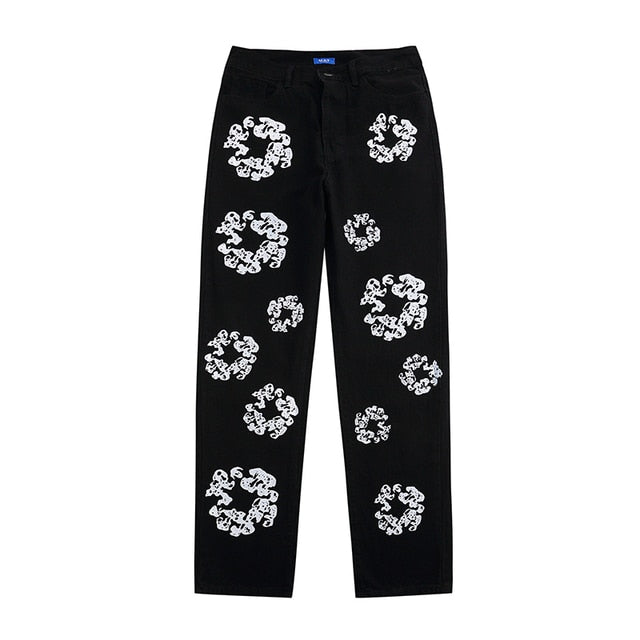 Flower White Printed Straight Jeans