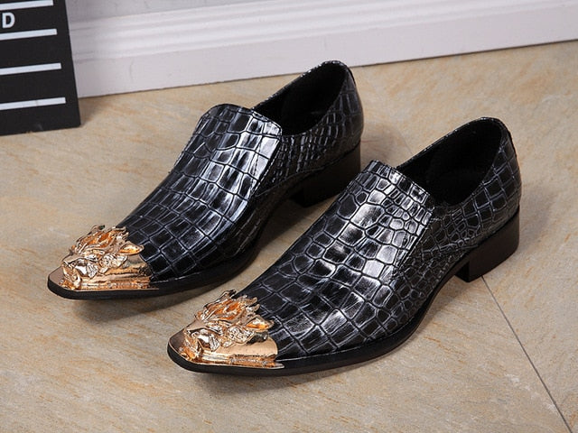 Metal Tiger Toe Crocodile Look Men Leather Shoes