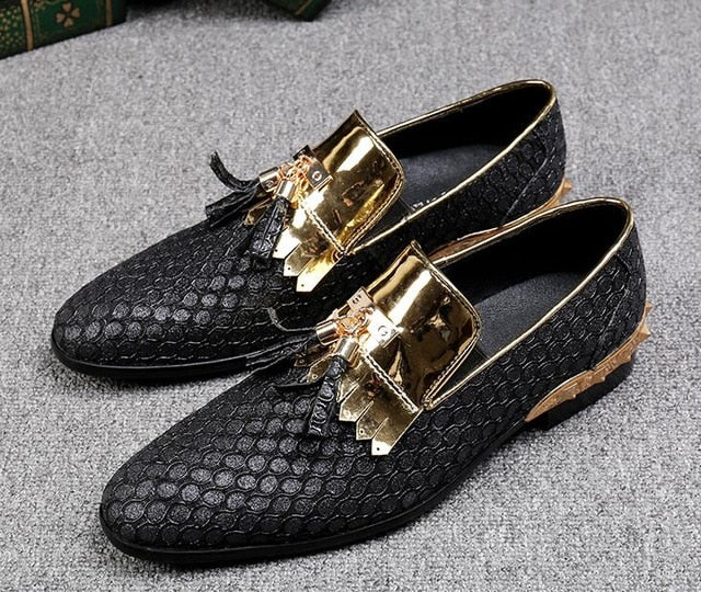 Slip On Tassel Pattern Leather Gold Rivet Men Loafers